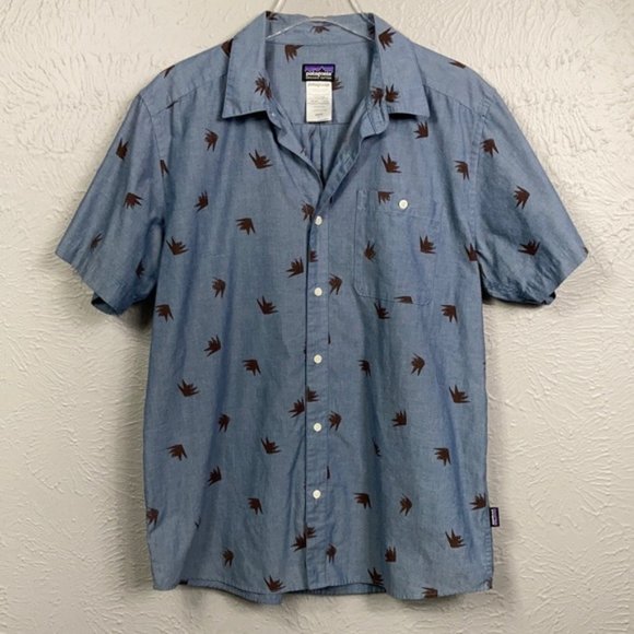 Patagonia Blue Brown Patterned Short Sleeve Shirt - Size Large - Picture 1 of 8
